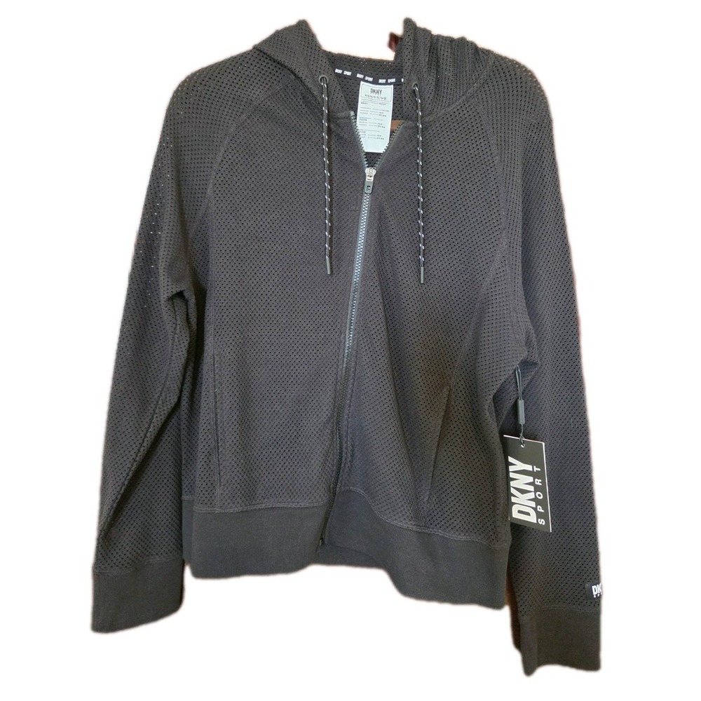 DKNY Full Zip Hoodie Active Mesh Womens Medium Black Stretch‎ Drawstring NWT